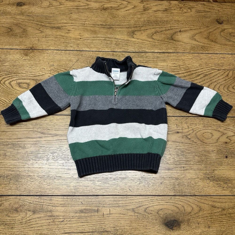 Vtg Gymboree Quarter Zip Mock Neck Cotton Green Striped Sweater‎ Boys 12-18 Mos